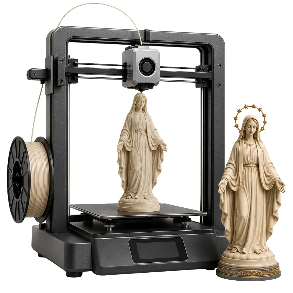 Impresora 3D imprimiendo una imagen de la Virgen junto a una pieza ya terminada
